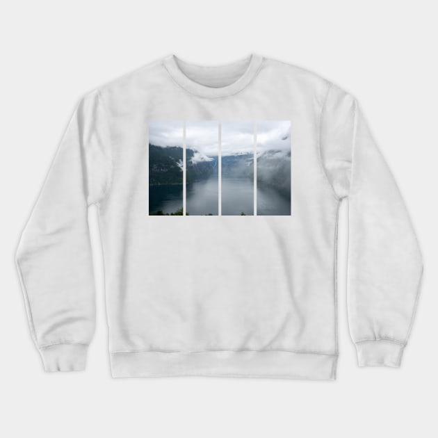 Wonderful landscapes in Norway. Vestland. Beautiful scenery of Geiranger Fjord from the Ljoen viewpoint. Rainy day Crewneck Sweatshirt by fabbroni-art